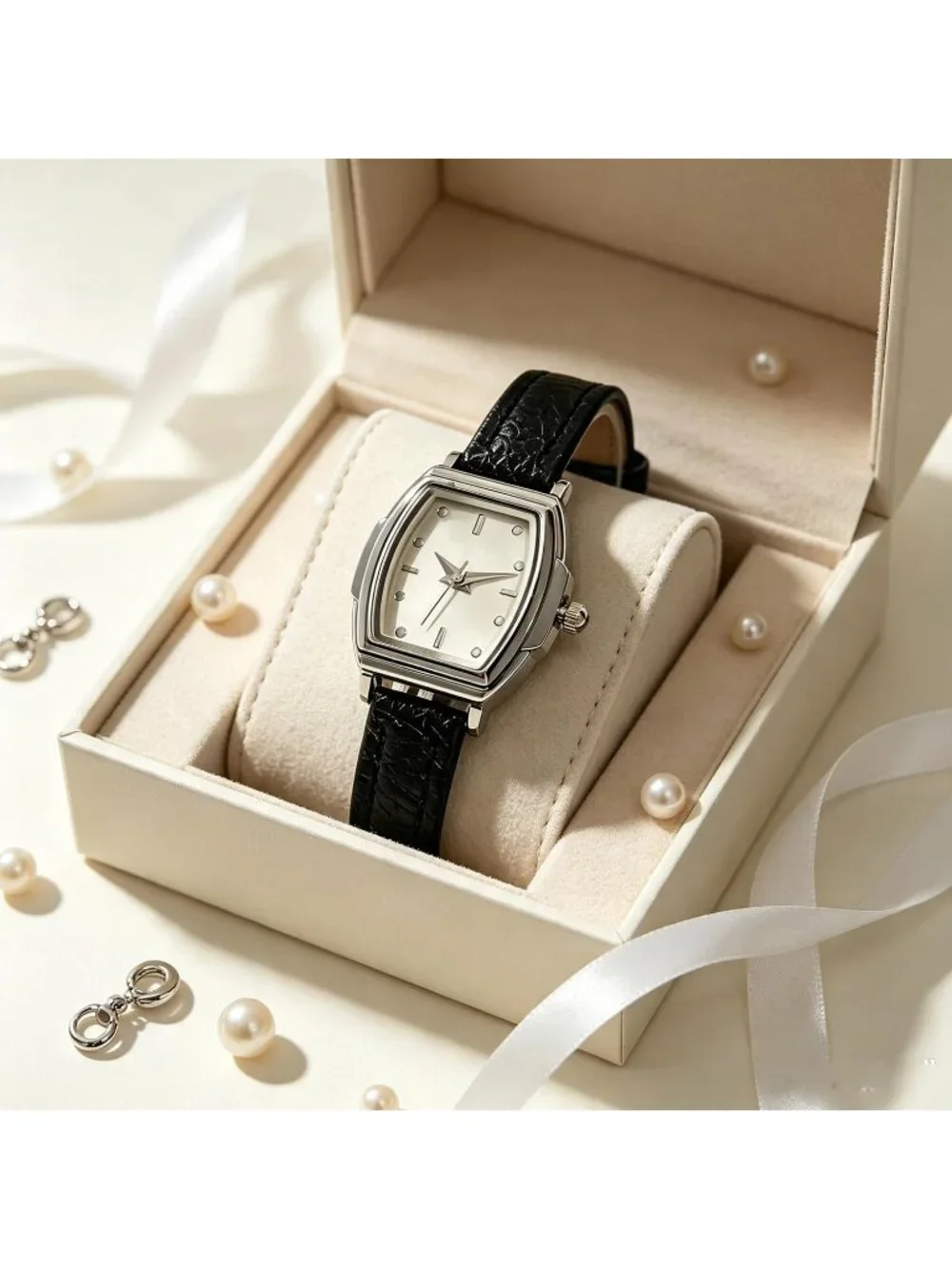 Women's Black White Rectangular Case Metal Case Simple Dial Leather Strap Watch
